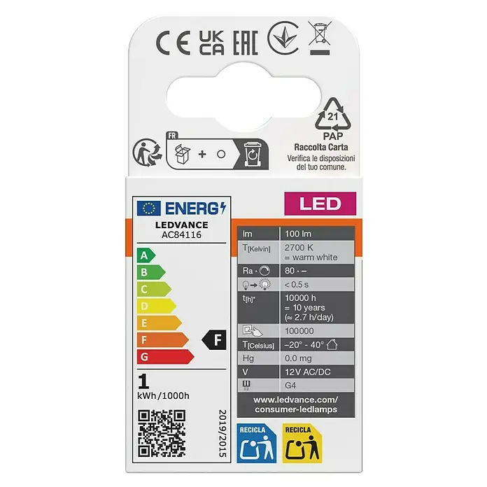 Osram LED-Lampe PIN - G4, Nicht Dimmbar, Warmweiß, 100 lm, 1 W, 5 Stk. - Verpackung einer LED-Lampe mit Energielabel (F), Marke LEDVANCE AC84116 und Produktspezifikationen.