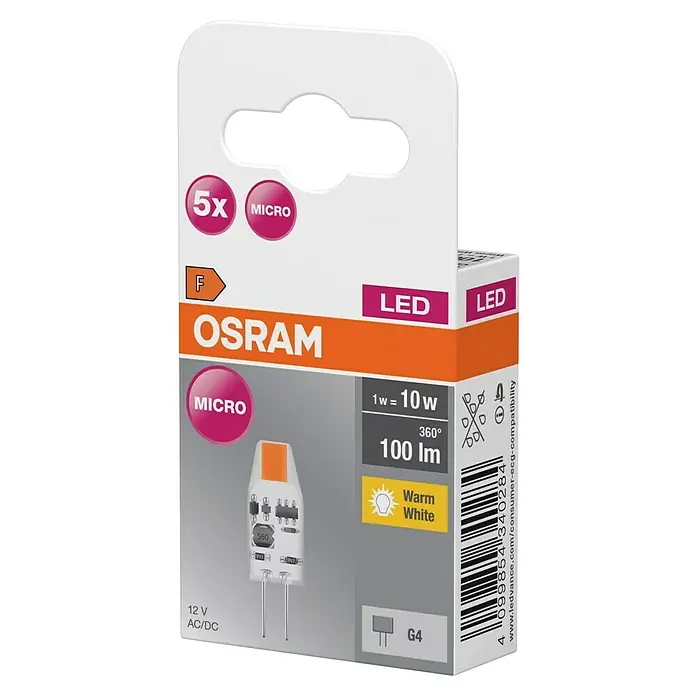 Osram LED-Lampe PIN - G4, Nicht Dimmbar, Warmweiß, 100 lm, 1 W, 5 Stk. - OSRAM G4 Micro LED-Lampe in Verkaufsverpackung: 1W=10W, 100lm, Warmweiß, 12V AC/DC.