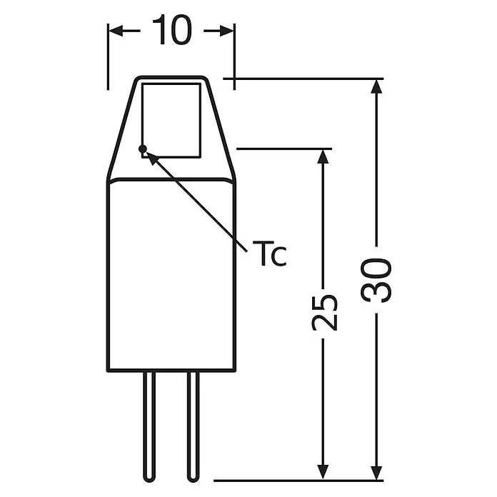 Osram LED-Lampe PIN - G4, Nicht Dimmbar, Warmweiß, 100 lm, 1 W, 5 Stk. - Technische Zeichnung einer G4 Stiftsockellampe mit Maßen: 30mm Höhe, 10mm Breite.