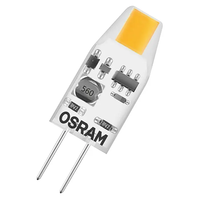 Osram LED-Lampe PIN - G4, Nicht Dimmbar, Warmweiß, 100 lm, 1 W, 5 Stk. - Weiße OSRAM LED-Lampe mit gelbem LED-Chip, sichtbaren Schaltkreisbauteilen und zwei silbernen G4 Bi-Pin-Anschlüssen.