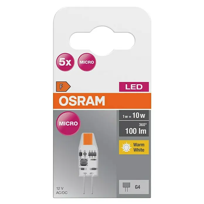Osram LED-Lampe PIN - G4, Nicht Dimmbar, Warmweiß, 100 lm, 1 W, 5 Stk. - OSRAM G4 Mikro-LED-Lampe (5er Pack) in Verpackung, Energieklasse F, 12V AC/DC, 1W=10W, 100lm, Warmweiß.