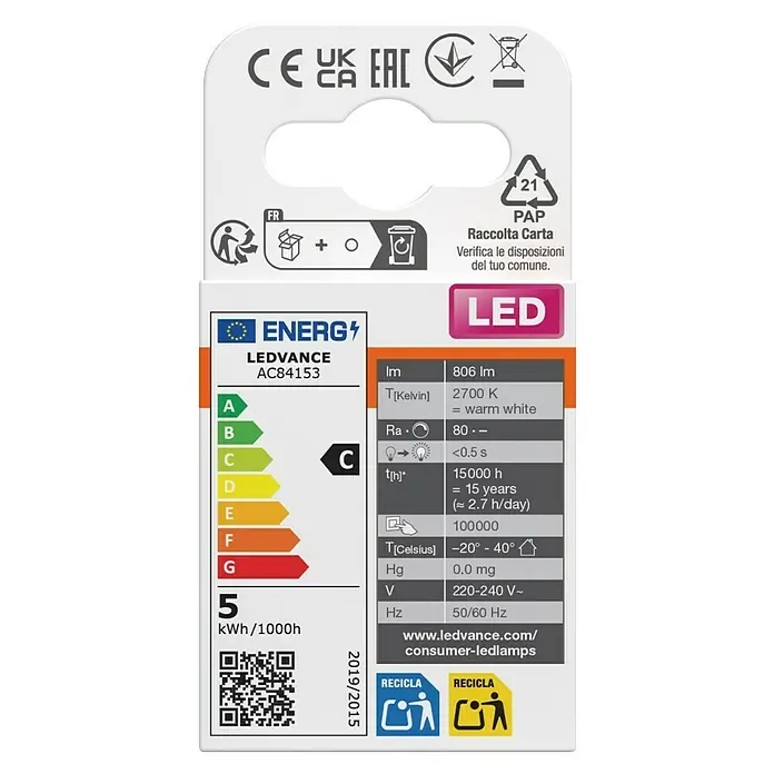 Osram LED-Lampe PIN60 - G9, Nicht Dimmbar, Warmweiß, 806 lm, 49 W, 1 Stk. - LED-Leuchtmittelverpackung mit Energielabel (Klasse C, 5 kWh/1000h) und detaillierten technischen Spezifikationen.