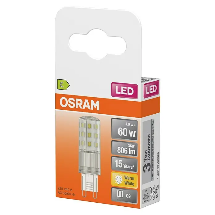 Osram LED-Lampe PIN60 - G9, Nicht Dimmbar, Warmweiß, 806 lm, 49 W, 1 Stk. - OSRAM LED-Glühbirnenverpackung in Weiß-Orange, zeigt eine G9 LED-Birne, 4.9W=60W, 806lm, warmweiß und 3 Jahre Garantie.