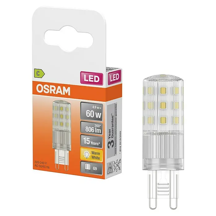 Osram LED-Lampe PIN60 - G9, Nicht Dimmbar, Warmweiß, 806 lm, 49 W, 1 Stk. - OSRAM G9 LED-Glühbirne in Verpackung, mit Spezifikationen wie Warmweißlicht und Energieeffizienz.