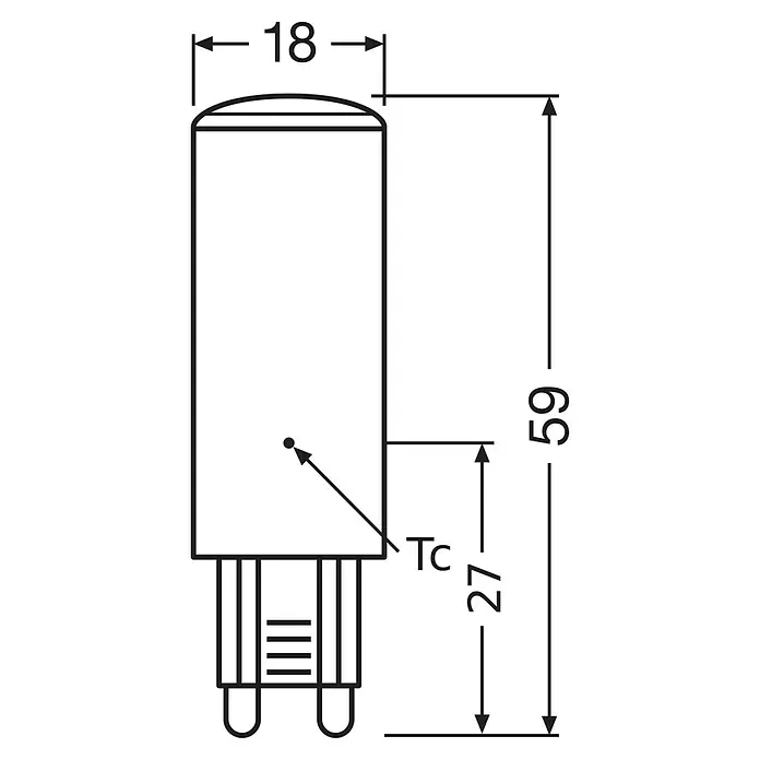 Osram LED-Lampe PIN60 - G9, Nicht Dimmbar, Warmweiß, 806 lm, 49 W, 1 Stk. - Technische Zeichnung einer kapselförmigen LED-Lampe mit zweipoligem (G9) Sockel. Durchmesser 18mm, Gesamtlänge 59mm.