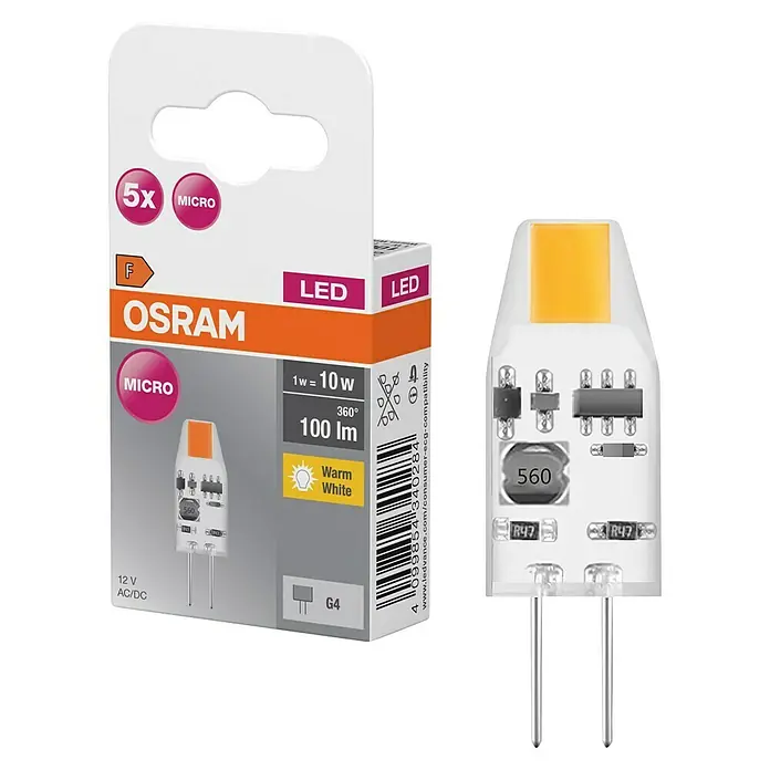 Osram LED-Lampe PIN - G4, Nicht Dimmbar, Warmweiß, 100 lm, 1 W, 5 Stk. - OSRAM LED G4 Warmweißlampe, 12V, mit Verpackung. Geeignet für Mikroanwendungen.