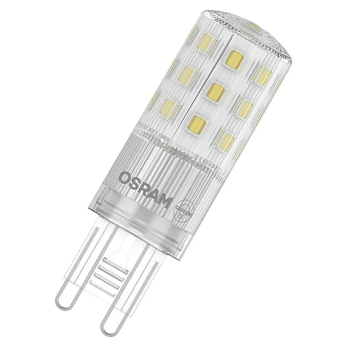 Osram LED-Lampe PIN60 - G9, Nicht Dimmbar, Warmweiß, 806 lm, 49 W, 1 Stk. - Transparente OSRAM LED-Glühbirne mit gelben Chips und Stiftsockel.