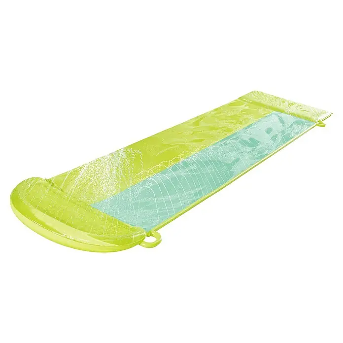 Funsicle Wasserrutsche Fresh Lime - Länge: 549 cm, Grün - Eine zweispurige gelb-hellblaue Wasserrutsche mit sprühendem Wasser auf der Oberfläche.
