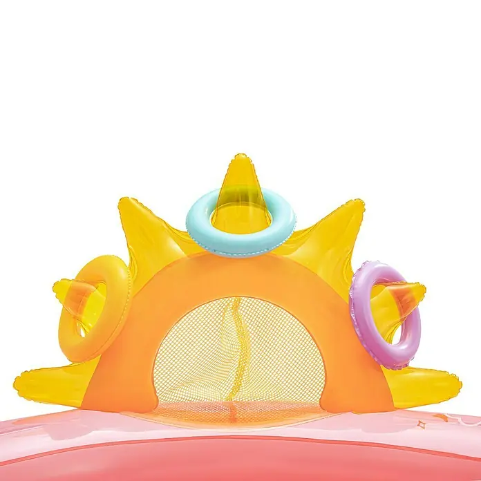 Funsicle Planschbecken Regenbogen - Mehrfarbig - Aufblasbarer gelb-oranger Spielbogen mit Netz und bunten Ringen auf rosa Basis.
