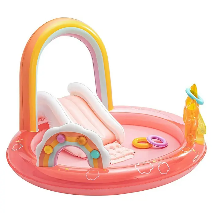 Funsicle Planschbecken Regenbogen - Mehrfarbig - Rosa aufblasbares Kinderplanschbecken mit Regenbogenbogen, Rutsche und Wasserspielzubehör.