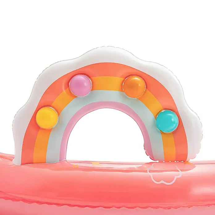 Funsicle Planschbecken Regenbogen - Mehrfarbig - Aufblasbarer Regenbogen-Schwimmreifen in Pink, Orange und Weiß mit bunten Kugeln.