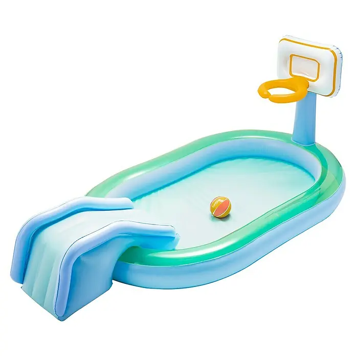 Funsicle Planschbecken Playcenter Basketball - Blau-Grün - Aufblasbarer blau-grüner Kinderpool mit Rutsche, Basketballkorb und kleinem Ball, für Wasserspaß.