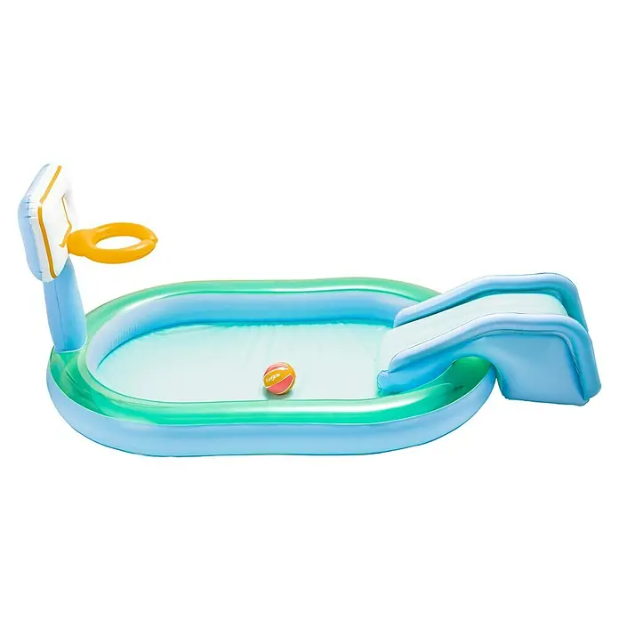 Funsicle Planschbecken Playcenter Basketball - Blau-Grün - Ein aufblasbarer blau-grüner Kinderpool mit Basketballkorb, Rutsche und einem kleinen orange-roten Ball.