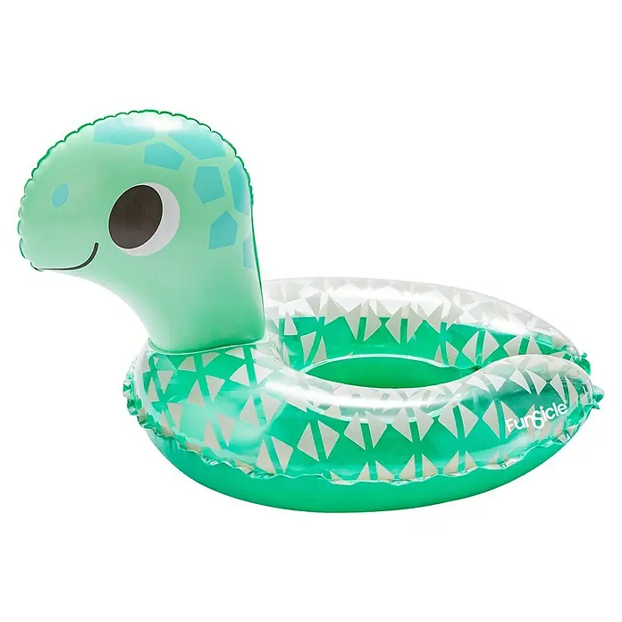 Funsicle Schwimmring Schildkröte - Grün - Grüner aufblasbarer Schwimmring in Schildkrötenform mit klarer Oberseite, weißen Mustern und lachendem Gesicht.
