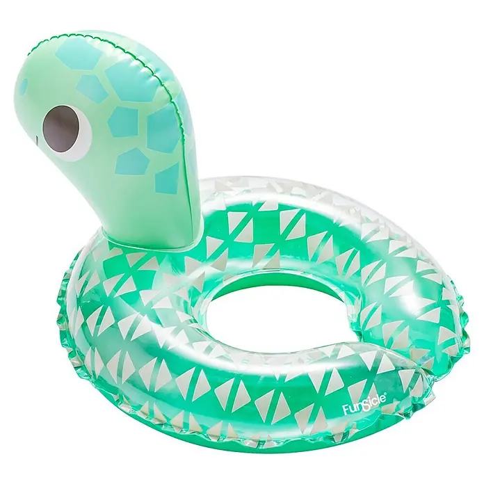 Funsicle Schwimmring Schildkröte - Grün - Hellgrüner und transparenter, türkisblauer aufblasbarer Schwimmring in Schildkrötenform mit weißen Dreiecksmustern.