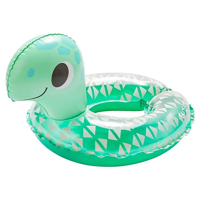 Funsicle Schwimmring Schildkröte - Grün - Grüner aufblasbarer Schwimmring mit Cartoon-Dinosaurierkopf und geometrischen Mustern.