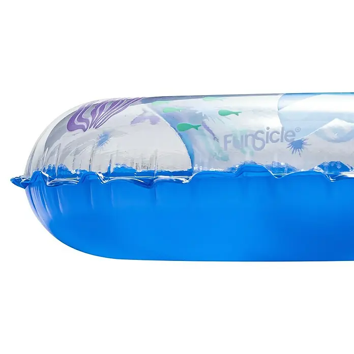 Funsicle Schwimmring - Durchmesser: 55 cm, Blau - Blauer und klarer aufblasbarer Pool-Schwimmring mit „FunSicle“-Logo und Meeresmotiven.