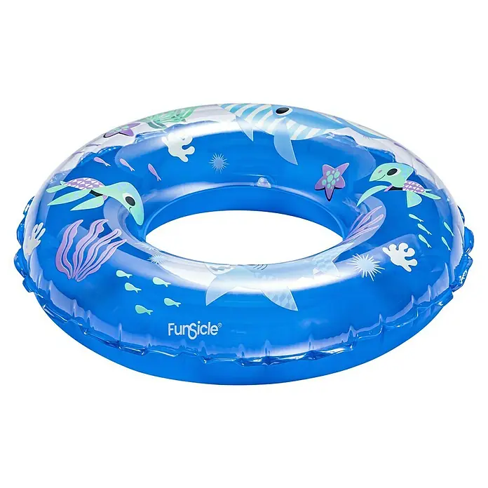Funsicle Schwimmring - Durchmesser: 55 cm, Blau - Blauer aufblasbarer Schwimmring mit klarem Oberteil und bunten Unterwasser-Motiven.