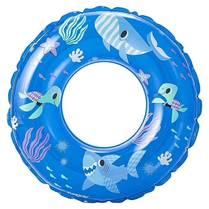 Funsicle Schwimmring - Durchmesser: 55 cm, Blau - Blauer aufblasbarer Schwimmring mit bunten Meerestierdesigns wie Wal, Haien und Schildkröten.