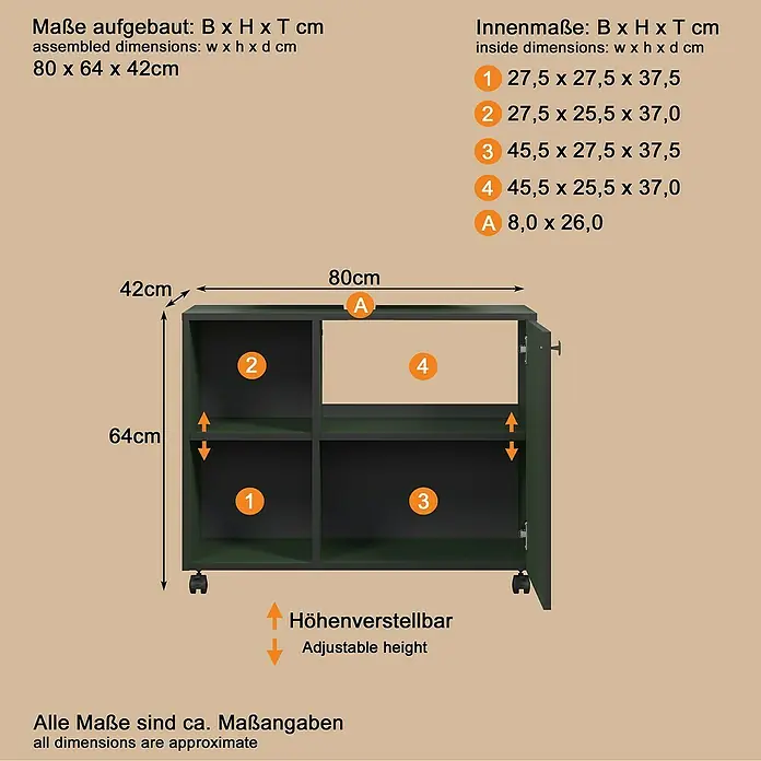 Trendteam Niklas Waschtischunterschrank - B x T x H: 80 x 42 x 64 cm, Grün, Strukturiert - Dunkelgrün-grauer Rollcontainer mit Schublade und zwei verstellbaren Einlegeböden. Abmessungen sind angegeben.