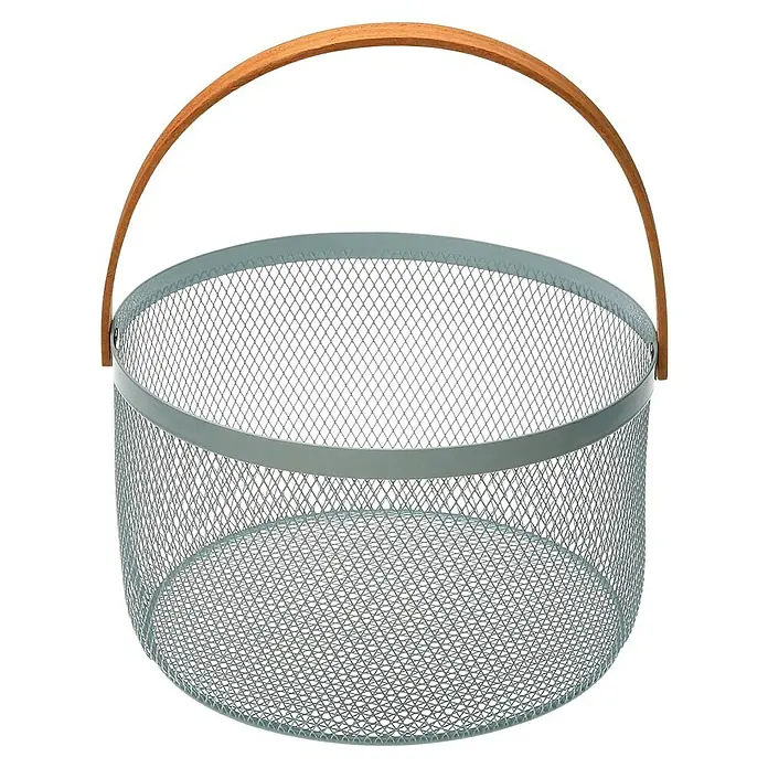 Versa Bol Aguamarina - Ø x Al: 25 x 30 cm, Aguamarina - Cesta redonda de malla metálica gris claro con asa de madera natural.
