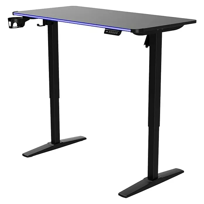 Nacon Mesa de escritorio PCGD-ELEC - L x An x Al: 60 x 120 x 118 cm, Iluminación LED, Altura regulable - Escritorio elevable negro con tablero gris, iluminación LED morada, panel de control, portavasos y ganchos para auriculares.