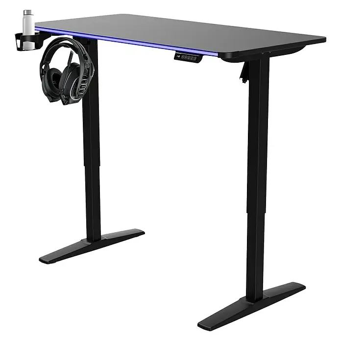 Nacon Mesa de escritorio PCGD-ELEC - L x An x Al: 60 x 120 x 118 cm, Iluminación LED, Altura regulable - Escritorio gaming negro con tira de luz RGB, portavasos, gancho para auriculares y panel de ajuste de altura.