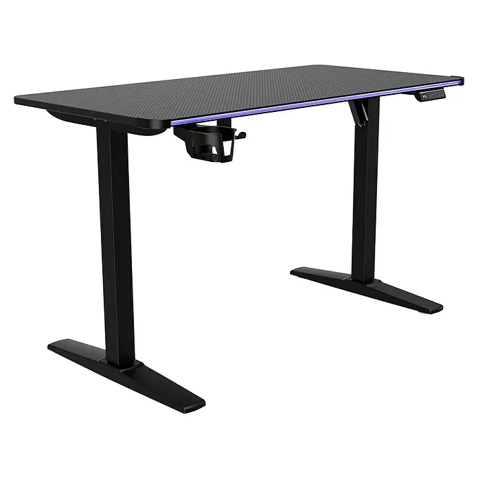 Nacon Mesa de escritorio PCGD-ELEC - L x An x Al: 60 x 120 x 118 cm, Iluminación LED, Altura regulable - Escritorio gaming negro de altura ajustable con tablero texturado, tira LED morada, portavasos y panel de control digital.