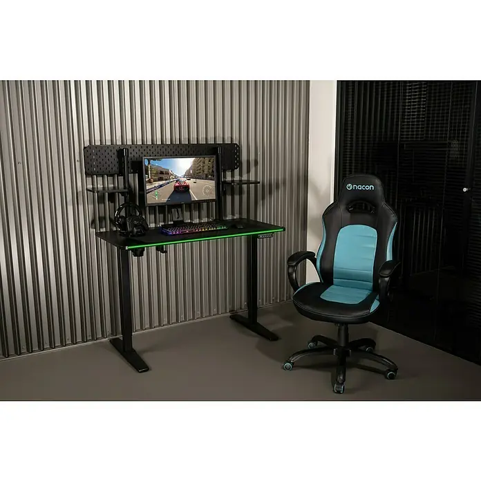 Nacon Mesa de escritorio PCGD-ELEC - L x An x Al: 60 x 120 x 118 cm, Iluminación LED, Altura regulable - Configuración de escritorio gaming con silla negra y azul, monitor, teclado y escritorio con luces LED verdes.