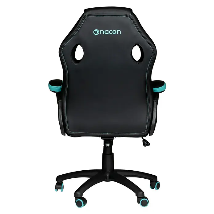 Nacon Silla de oficina CH-310 - Para Gamers, Negro/Azul, Reposabrazos - Silla gaming negra, vista trasera, con costuras, reposabrazos y ruedas turquesas sobre base de cinco puntas.