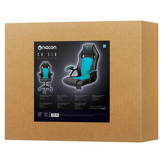 Nacon Silla de oficina CH-310 - Para Gamers, Negro/Azul, Reposabrazos - Silla gaming Nacon CH-310 en una caja de cartón, con diseño de silla negro y azul verdoso.