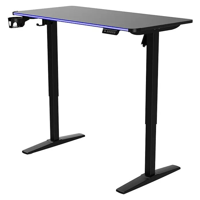 Nacon Mesa de escritorio PCGD-ELEC - L x An x Al: 60 x 120 x 118 cm, Iluminación LED, Altura regulable - Escritorio de pie negro con tablero gris, iluminación LED azul, portavasos y panel de control digital.