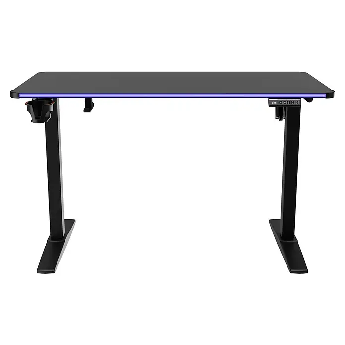 Nacon Mesa de escritorio PCGD-ELEC - L x An x Al: 60 x 120 x 118 cm, Iluminación LED, Altura regulable - Escritorio de altura regulable negro con tablero texturizado, iluminación LED morada, portavasos integrado y panel de control digital.