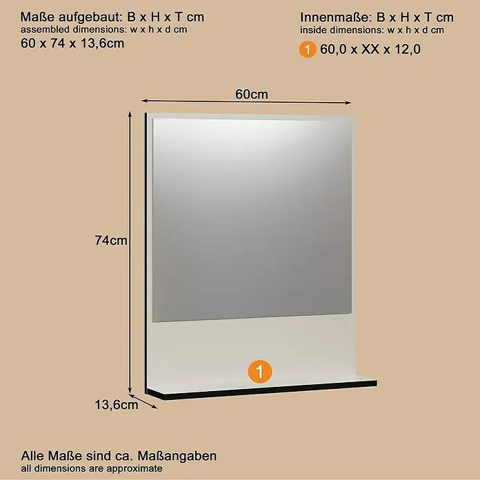 Trendteam Niklas Ablagespiegel - 60 x 14 x 74 cm, Kashmir - Rechteckiger Spiegelschrank mit integrierter weißer Ablage und den Maßen 60x74x13,6cm.