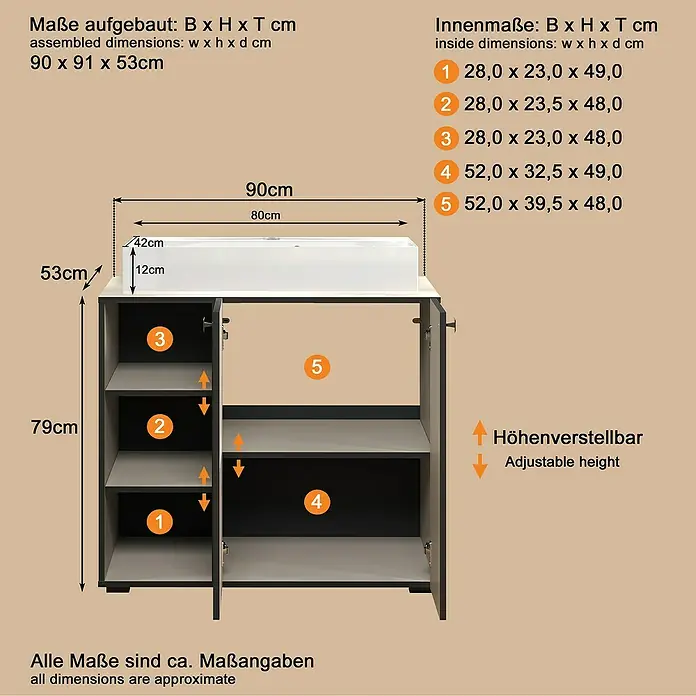 Trendteam Niklas Badmöbel-Set - 90 cm, Kashmir, Strukturiert, Breite Waschbecken: 80 cm - Dunkelgrauer Waschtisch mit weißer Platte, zeigt Gesamtmaße und nummerierte Innenfächer mit verstellbaren Böden.