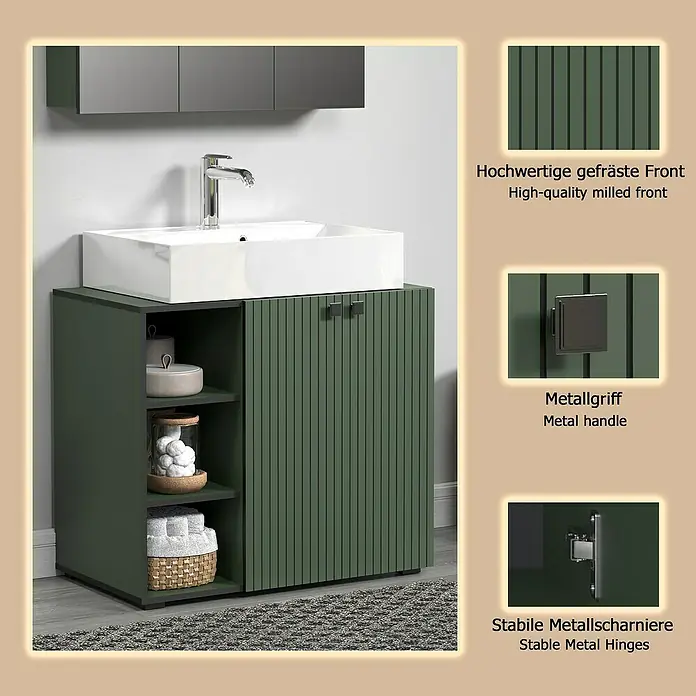 Trendteam Niklas Waschtischunterschrank - B x T x H: 90 x 53 x 79 cm, Grün, Strukturiert - Dunkelgrüner Waschbeckenunterschrank mit gefräster Front, Metallgriffen und offener Ablage unter weißem Waschbecken.