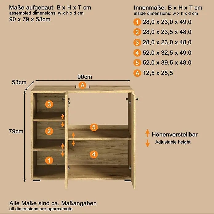 Trendteam Niklas Badmöbel-Set - 90 cm, Evoke Eiche, Strukturiert, Breite Waschbecken: 80 cm - Hellbrauner Holzschrank mit zwei Türen, fünf Innenfächern und verstellbaren Einlegeböden, mit detaillierten Maßen.
