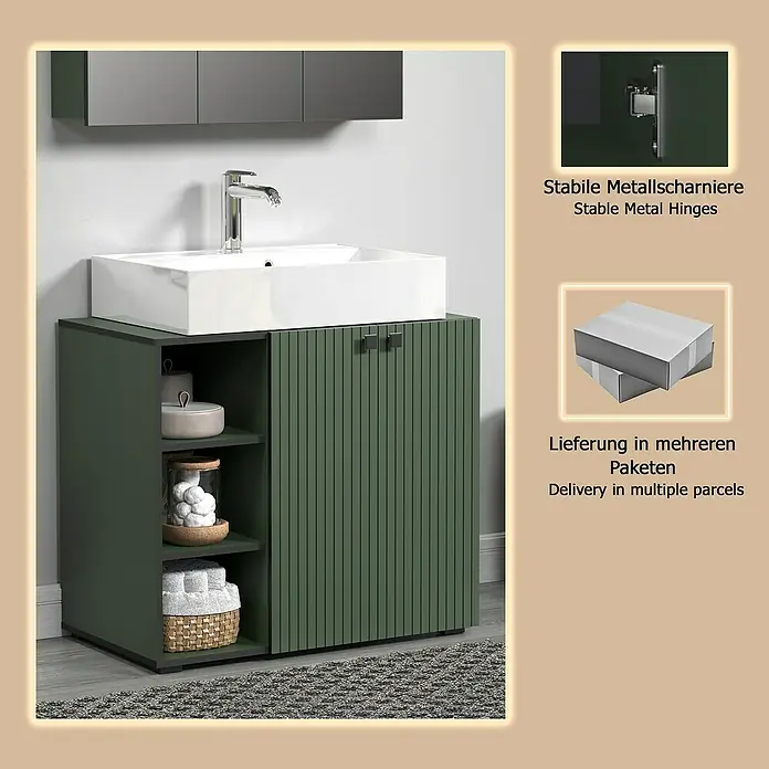 Trendteam Niklas Badmöbel-Set - 90 cm, Grün, Strukturiert, Breite Waschbecken: 80 cm - Grüner Badunterschrank mit weißem Aufsatzwaschbecken und integrierten offenen Regalen.