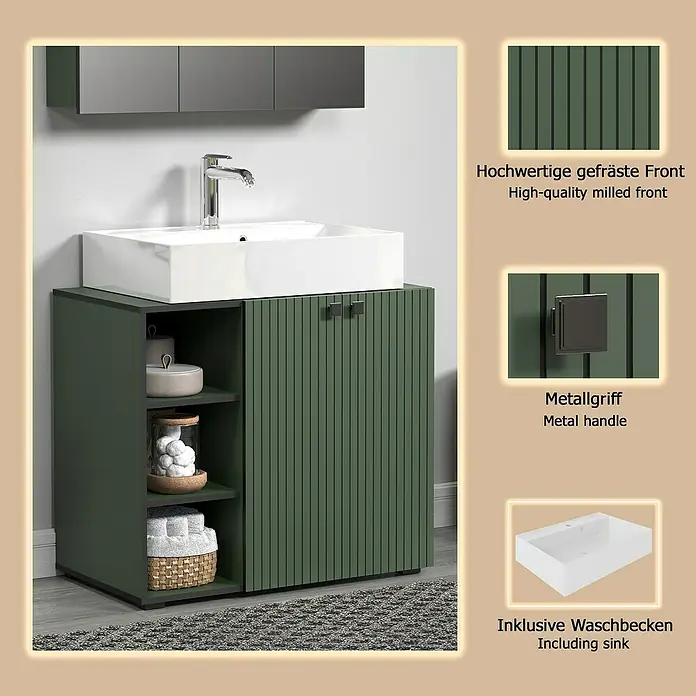 Trendteam Niklas Badmöbel-Set - 90 cm, Grün, Strukturiert, Breite Waschbecken: 80 cm - Grüner Badezimmerschrank mit weißem Waschbecken, gefräster Front und schwarzen Metallgriffen.
