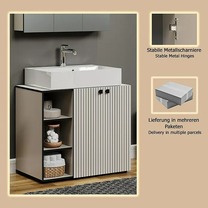 Trendteam Niklas Badmöbel-Set - 90 cm, Kashmir, Strukturiert, Breite Waschbecken: 80 cm - Moderner Badunterschrank mit weißem Aufsatzwaschbecken, beigem Schrank mit geriffelten Türen, schwarzen Akzenten und offenen Fächern.