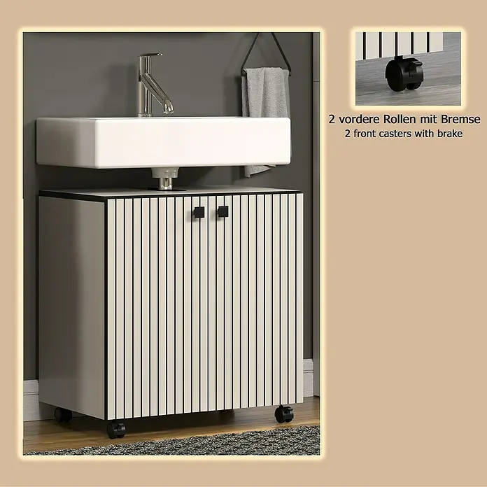 Trendteam Niklas Waschtischunterschrank - B x T x H: 60 x 42 x 64 cm, Kashmir, Strukturiert - Weißer Waschtischunterschrank mit schwarzen Vertikalstreifen, quadratischen Griffen und 4 Rollen, davon 2 feststellbar. Unter einem Waschbecken im Bad.