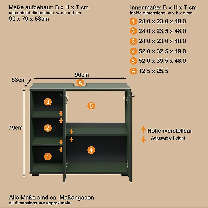 Trendteam Niklas Waschtischunterschrank - B x T x H: 90 x 53 x 79 cm, Grün, Strukturiert - Dunkelgrüner Stauraumschrank mit drei offenen Fächern links und zwei Fächern mit Türen rechts, detaillierte Außen- und Innenmaße sind angegeben.