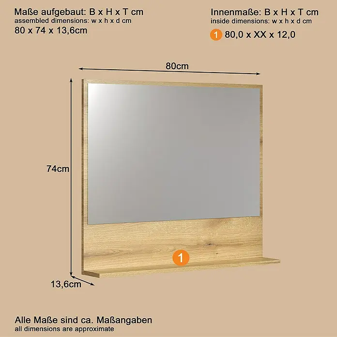 Trendteam Niklas Ablagespiegel - 80 x 14 x 74 cm, Evoke Eiche - Rechteckiger Spiegel mit heller Holzoptik-Rahmen und Regal, 80x74x13,6cm.