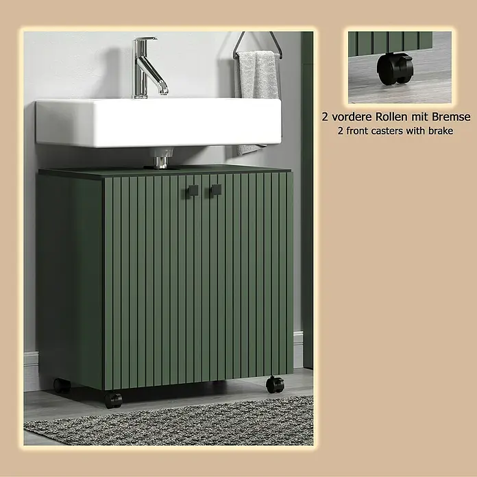 Trendteam Niklas Waschtischunterschrank - B x T x H: 60 x 42 x 64 cm, Grün, Strukturiert - Dunkelgrüner Badunterschrank mit Lamellentüren, quadratischen Griffen und vier Rollen, zwei vordere mit Bremse, unter weißem Waschbecken.