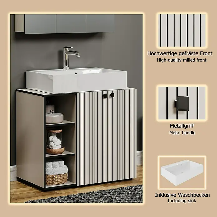 Trendteam Niklas Badmöbel-Set - 90 cm, Kashmir, Strukturiert, Breite Waschbecken: 80 cm - Moderner beiger Badunterschrank mit weißem Waschbecken, gerillten Türen, offenen Regalen und schwarzen Metallgriffen.