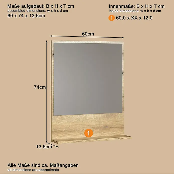 Trendteam Niklas Ablagespiegel - 60 x 14 x 74 cm, Evoke Eiche - Rechteckiger Wandspiegel mit heller Holzoptikplatte und integriertem Regal, 60x74x13,6 cm.