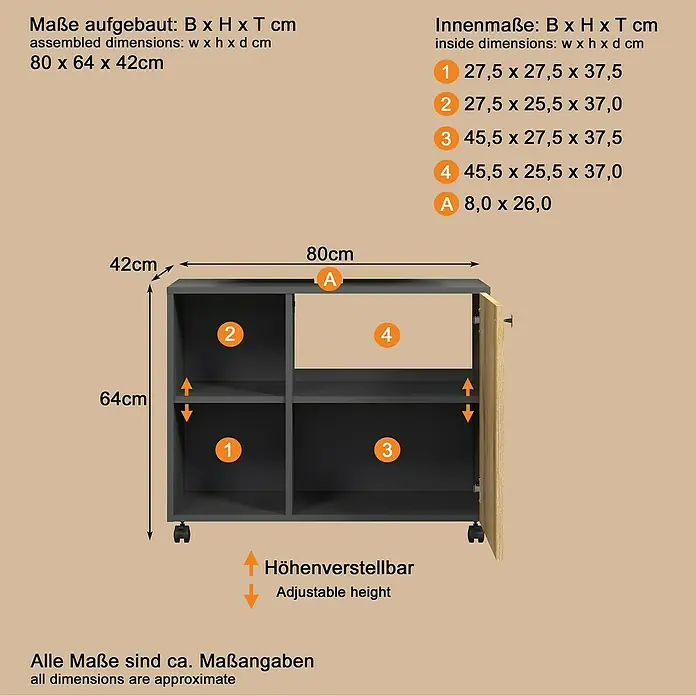 Trendteam Niklas Waschtischunterschrank - B x T x H: 80 x 42 x 64 cm, Evoke Eiche/Anthrazit, Strukturiert - Dunkelgraues Rollregal mit heller Holztür und höhenverstellbaren Fächern, Maße angegeben.