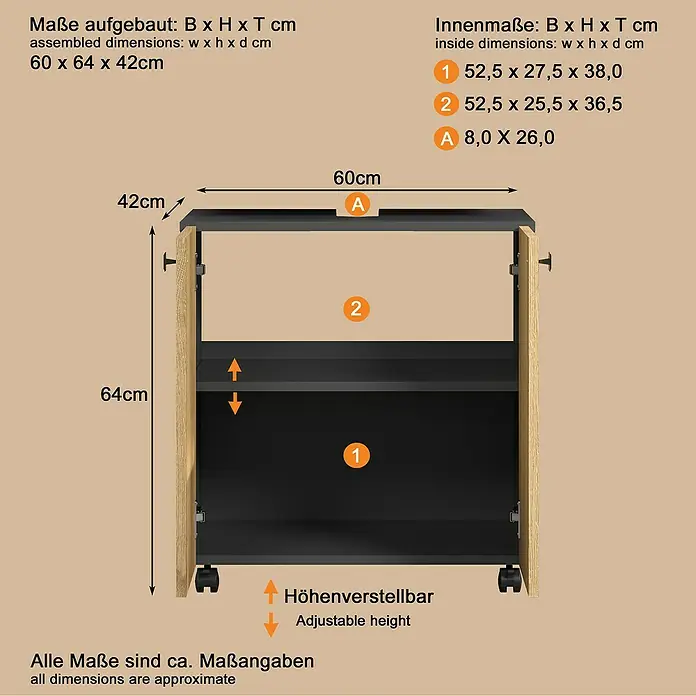Trendteam Niklas Waschtischunterschrank - B x T x H: 60 x 42 x 64 cm, Evoke Eiche/Anthrazit, Strukturiert - Mobiler Beistellwagen mit hellem Holzrahmen, schwarzen Fächern, höhenverstellbaren Einlegeböden und Rollen.