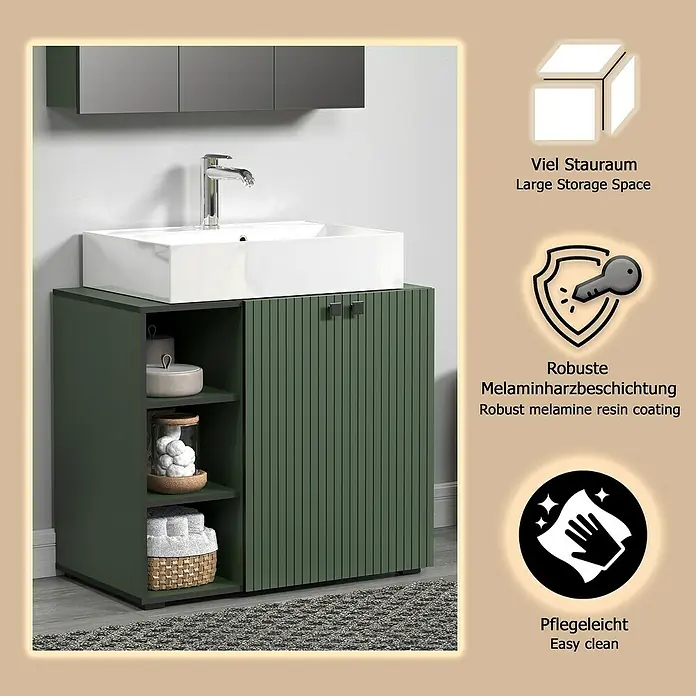 Trendteam Niklas Waschtischunterschrank - B x T x H: 90 x 53 x 79 cm, Grün, Strukturiert - Moderner grüner Badezimmerschrank mit weißem Waschbecken, offenen Fächern und strukturierten Türen. Bietet viel Stauraum, robuste Beschichtung, pflegeleicht.