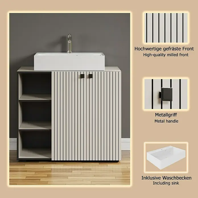 Trendteam Niklas Badmöbel-Set - 90 cm, Kashmir, Strukturiert, Breite Waschbecken: 60 cm - Moderner Badezimmer-Waschtisch mit weißem Rechteckwaschbecken, hellbeigen gefrästen Türen mit dunklen Griffen und offenen Regalen.